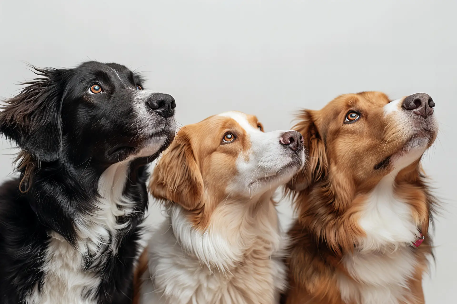 Trei câini privind în sus, fotografiați pe fundal alb