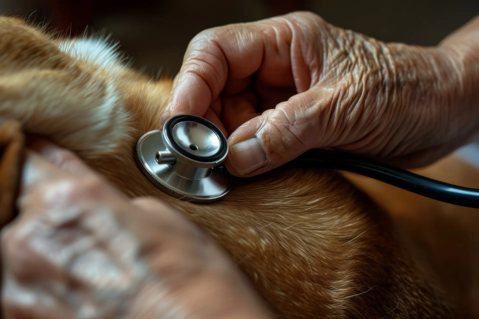 Close up of an older man darkening a brown haired dog with a stethoscope